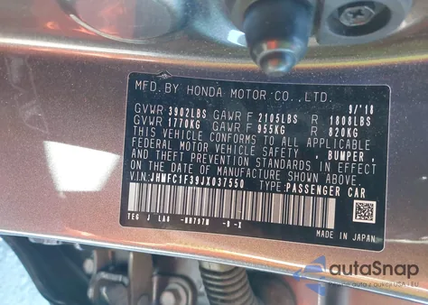 2018 Honda Civic Ex из США, поврежденный, VIN JHMFC1F39JX037550